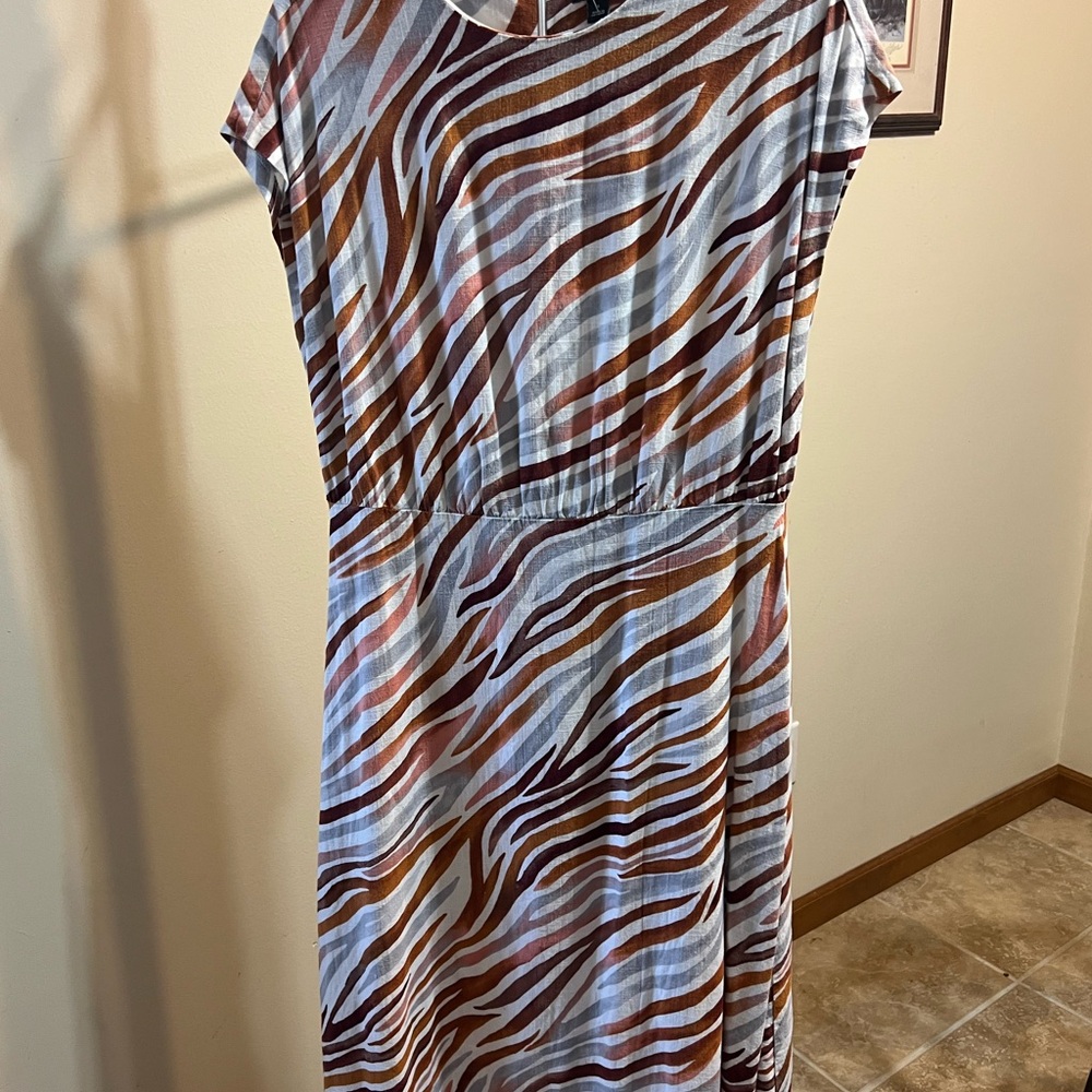 Ann Taylor Zebra-Print Midi Dress in White, Brown & Rust